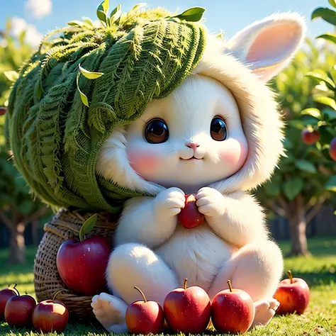 A rabbit ，beside an apple tree，lots of apples, adolable，fluffly，realisticlying，gentlesoftlighting