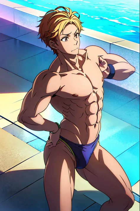 8K Wallpaper,(Ultra High Definition Face), Perfect Anatomy, musculature, (Bulge), Black((Mens Competitive Swimwear)), ((Shiny body)), (Super masterpiece), Sunshine, in poolside, hight resolution, (Ultra high definition), 1boy, ((shiny)) Swimwear, Anime col...