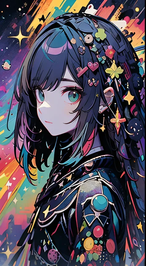 Woman with iridescent hair and detailed teal dress armor, Standing, rainbow colored cosmic nebula background, Stars, intergalactic, Intricate details, Perfect face