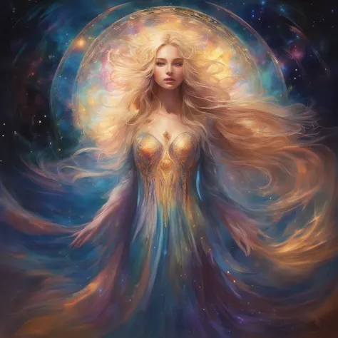 A woman with long hair and a flowing dress stands in the darkness, Blonde girl in cosmic dress, Amazing young ethereal figure, cosmic goddess, Astral appearance, galaxy goddess, Space Girl, Astral Fairy, Divine cosmic feminine power, Cosmic hair anime girl...