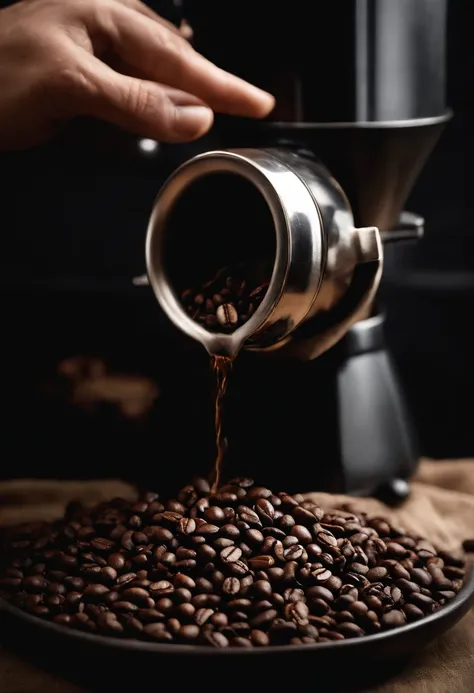 A high-resolution image of a person’s hand pouring coffee beans into a coffee filter, capturing the ritual and craftsmanship of brewing a cup of coffee, creating a visually engaging and sensory image.