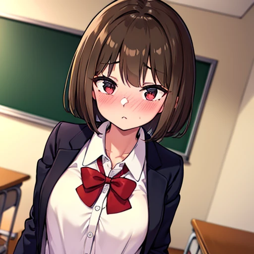 Student, straight short hair,  light brown hair, white blouse, red bow on chest, blushing, classroom, in front of blackboard