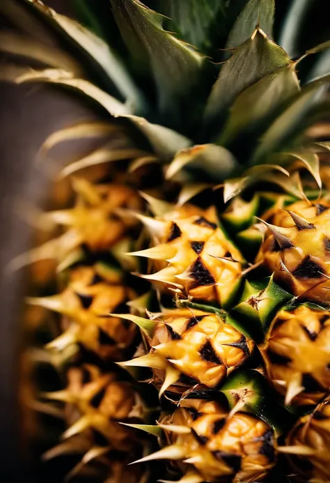 A high-resolution image of a ripe pineapple with intricate details of its spiky golden skin, capturing the texture and vibrant colors of the fruit in a visually captivating scene.