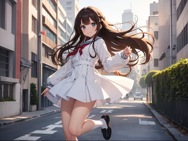 High school student in white long-sleeved sailor suit、long brown hair girl with black ribbon、Single, big eyes、Cute smile、　Jump between buildings、From head to foot、espadrilles、