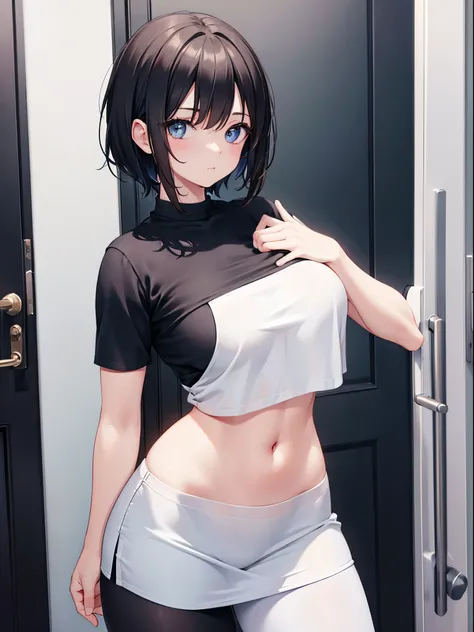 A woman wearing white short sleeves and black leggings，Posing for photos leaning against the door, Exposing the abdomen，The figure is good，The head is not exposed，[ 4K realism ]!!, [ 4K realism ]!!!, [ 4K digital art ]!!, Realistic shadow perfect body, rea...