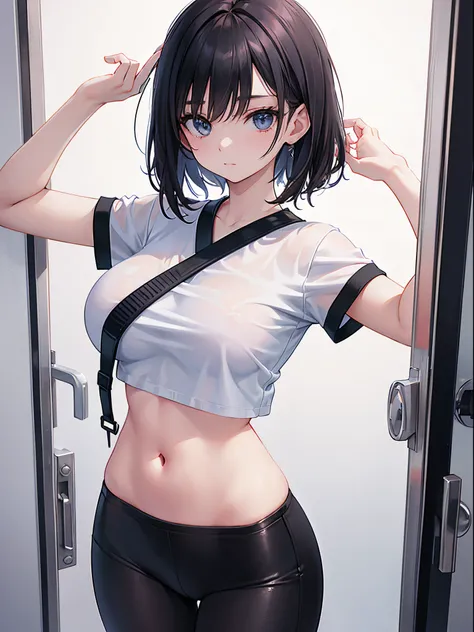 A woman wearing white short sleeves and black leggings，Posing for photos leaning against the door, Exposing the abdomen，The figure is good，The head is not exposed，[ 4K realism ]!!, [ 4K realism ]!!!, [ 4K digital art ]!!, Realistic shadow perfect body, rea...