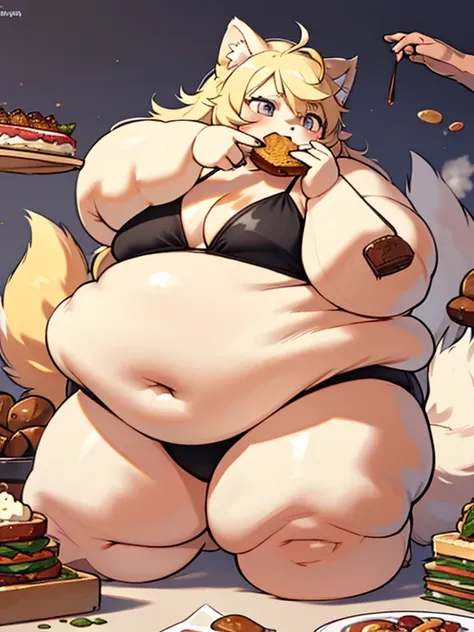 master peice,hyper quality, hyper detailed,Perfect drawing, 1 fat beautiful girl、blonde hair, Akita Inu Bikini、obese body, cute and fat face, Akita Inu ears、Akita Inu tail、Akita Inu palm、Akita Inu paws、Akita Inu fingers、sharp claws、Sharp fangs、Hunters eyes...