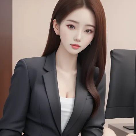 There is a woman wearing a white jacket and a white casual suit, Stylish white skinny suit, Korean girls, realistic anime 3D style, Inspired by Shen Si Zheng, beautiful Korean women, gorgeous young korean woman, realistic person, korean woman, digital art ...