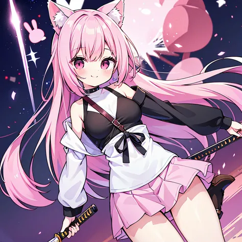 "anime girl, 1 person, pink hair, pink cat ears, pink eyes, t-shirt, white t-shirt, black womens open-shoulder jacket, black miniskirt, big breasts, has twin takana swords on her back, takana swords,  There are ice crystals flying around behind, holding a ...