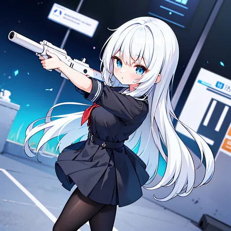 "anime girl, 1 person, silver-white hair mixed with black, blue eyes, wearing headphones, female shirt, female school uniform, big breasts, tights, standing cross-legged, holding a gun pointing at the perspective  , side view, (full HD 4K+ image)"