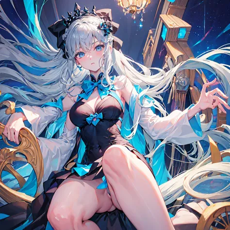 （Enrich the picture，Masterpiece level quality）Beautiful 8K CG artwork,1girl in,(((solo))),morgan le fay (fate), blue eyes, Long Hair, pony tail,Very long hair, big boob, black bow, looking at viewer, gown, Hair Bow, thights, thights, black dress, Bangs, si...