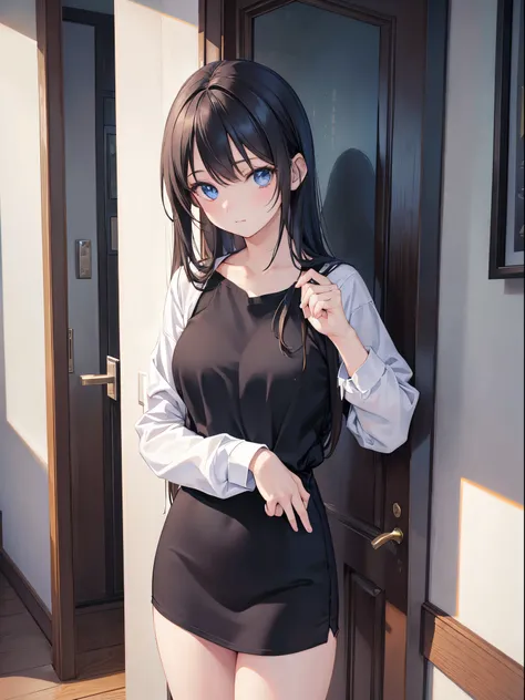 A woman leaning against the door posing for a photo, The head is not exposed，Wearing half-sleeved upper body，[ 4K realism ]!!, [ 4K realism ]!!!, [ 4K digital art ]!!, Realistic shadow perfect body, realisticlying!!!!!!! art-style, photorealistic anime, by...