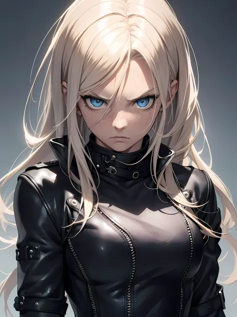 one woman, she had long blond hair, blue eyes, she had freckles, wearing a black leather jacket, wearing black fingerless gloves, serious face expression, muscular body, badass, close up, grey background, ultrasharp, high res, 8k