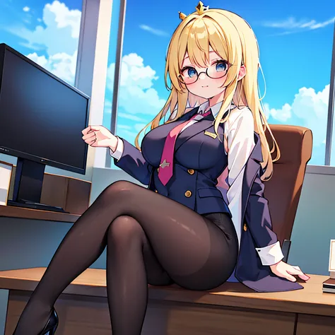 "anime girl, 1 person, blonde hair, glasses, crown, womens shirt, suit, tie, office clothes, front view, big breasts, tights, sitting on desk  , bright sky, sitting cross-legged, high heels, (full HD 4K+ image)"