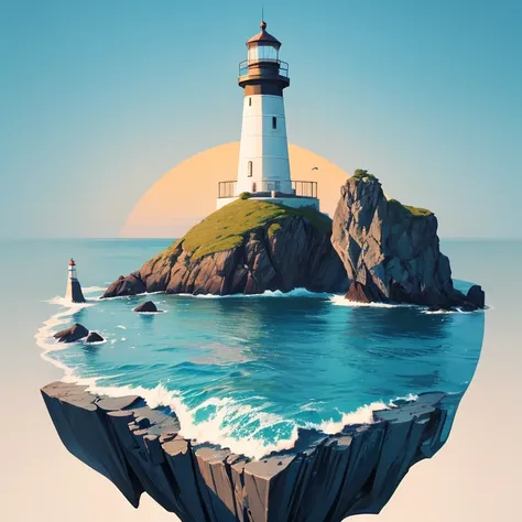 Create a minimalist vector artwork with a lighthouse on a rocky coast. Use a palette of five colors, combining muted blues for the ocean and sky, earthy tones for the rocks, a warm hue for the lighthouse, and two contrasting colors for the planets, keeping...