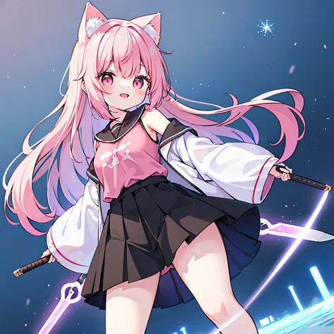 "anime girl, 1 person, pink hair, pink cat ears, pink eyes, t-shirt, white t-shirt, black women's open-shoulder jacket, black mi...