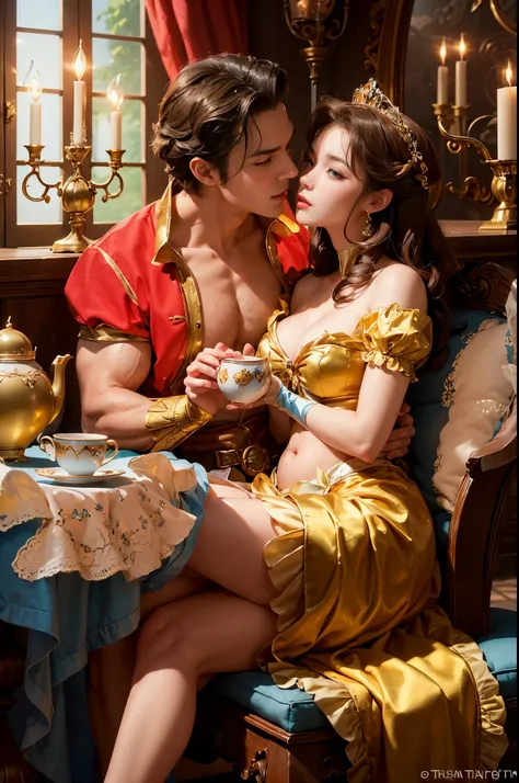 (generate princess belle kissing muscular face gaston  from disney beauty and the beast, golden gown, teapot, cup, table clock, candle stick, show cleaveage, show thigh, show belly, beautifull face, pretty face, beautifull eyes, beautifull nose, raytracing...