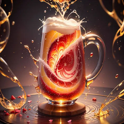 At the heart of the composition, a dynamic swirl emerges, embodying the essence of a beer fountain. Delicate strokes resembling strawberries cascade in lively arcs, intertwining with the spirited dance of hawthorn petals. Along the edges, effervescent hone...