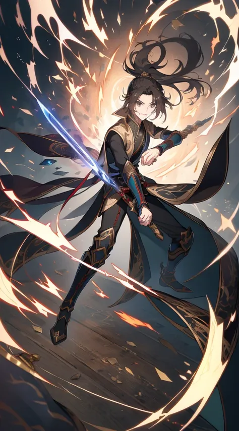 （Huang Li，A high resolution，ultra - detailed），tmasterpiece，Best quality，Boys with long hair and high ponytail，with sword，独奏，Handsome，Short hair details，black hair color hair，Detailed faces，Fighting posture，attack pose，（longer sleeves）Sword holding posture，...