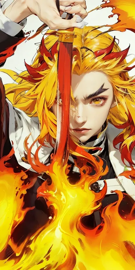 1male, rengoku in anime demon slayer, long hair , yellow and red hair, yellow eyes, handsome, black clothes with white edges, realistic clothes, detail clothes, city background, ultra detail, realistic,fire