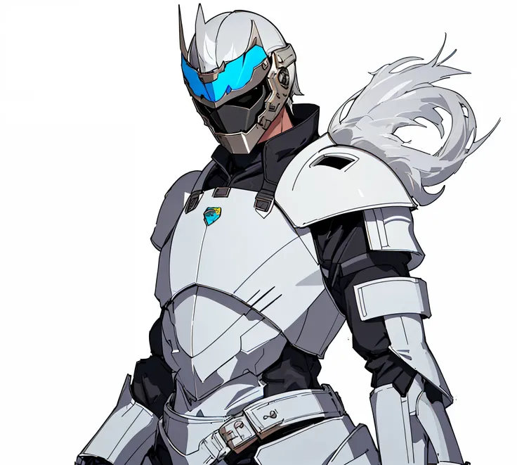 Man wearing mechanical armor，delicate picture，Single role，transparent background，Put the helmet on your head，White hair，senior citizen，Wearing a mask，Black armor all over