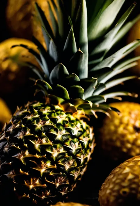 A close-up shot of a pineapple being peeled, revealing the intricate pattern of its flesh and the aroma of the fruit, creating a visually captivating and sensory experience.