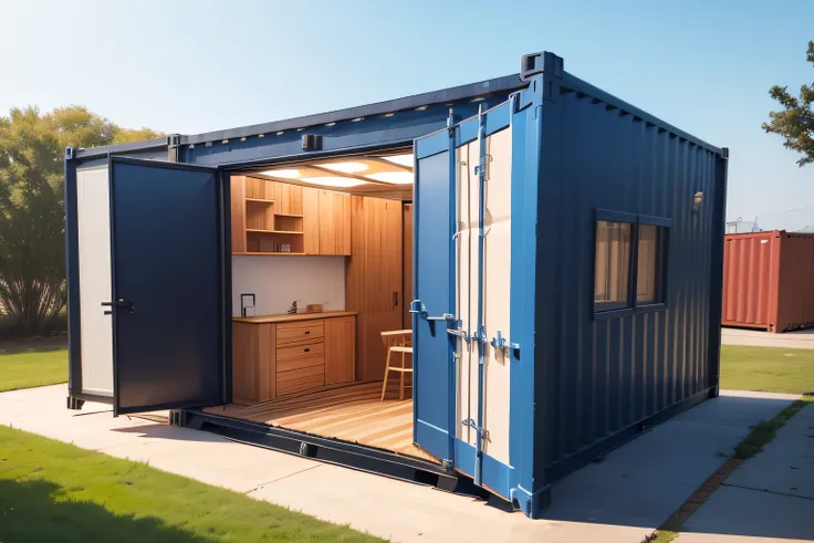 container house that folds by the side. The entrance is in front and it has a small window. 40ft wide container. container under construction