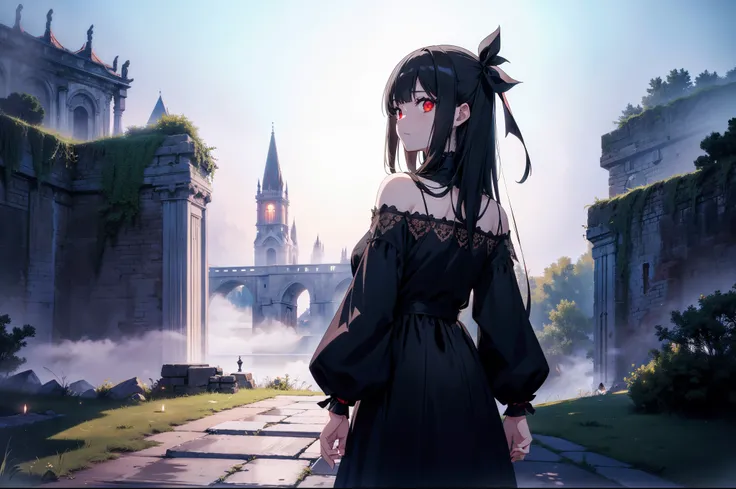 1 loli girl ,standing, ancient castle in the distance ,from side , character focus, close to viewer ,(dark lighting), cinematic lighting, night , (((fog))),(((mist))) , (rape face) ,black long straight hair, black hair, hair ribbon , red eyes,black dress, ...