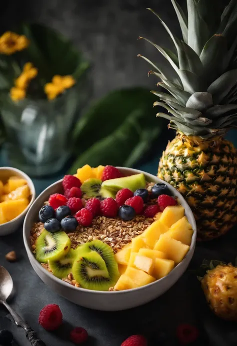 A visually stunning composition of a pineapple smoothie bowl, with a halved pineapple filled with a colorful and textured blend of fruits and toppings, creating a visually vibrant and nutritious image.