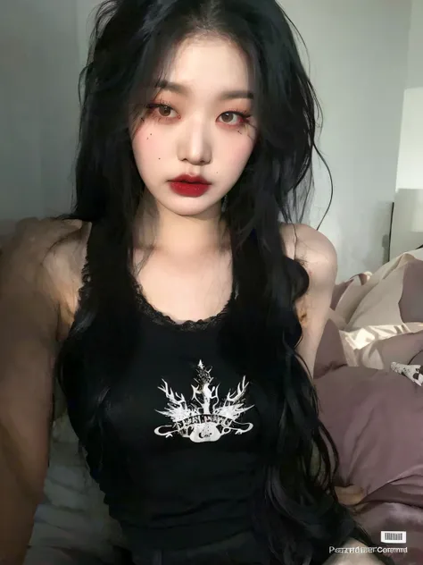 Arafed Asian woman with long black hair and a black tank top, cruel korean goth girl, ulzzang, goth girl aesthetic, pale goth beauty, Chica coreana, gothic aesthetic, 1 7 - year - old goth girl, con cabello largo y ojos penetrantes, Hermosa joven coreana, ...