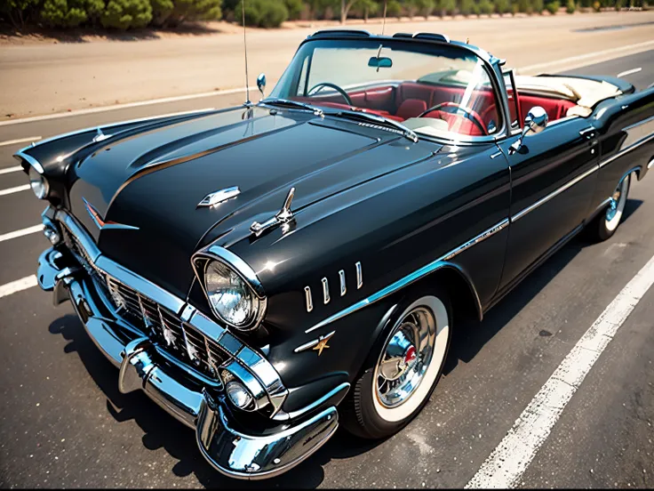 1959 Chevrolet Bel Air convertible, RODA ESTRELA, RODA LARGA, METALLIC BLACK COLOR, Headlights on, VIDROS ESCUROS, DETALHES EM COR DOURADO, FRISOS EM COR DOURADA, TETO SOLAR, ESCAPAMENTOS LATERAIS, FIRE DRAWING ON THE FRONT HOOD.