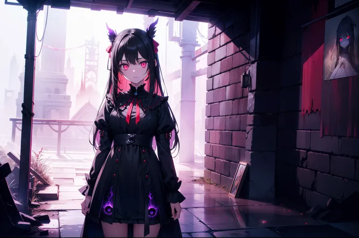 1 loli girl ,standing in front of hell gate ,front , character focus, concept art, fantasy art, (red and violet lighting),cinematic lighting, (black fog)  , (rape face) ,black long straight hair, black hair, hair ribbon , red eyes,black dress, (glowing eye...