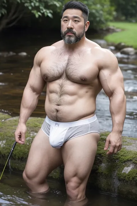 Several middle-aged men are fishing by the creek，Asian people，detailed back ground，Strong body，bellyfat，40-year-old middle-aged man，uncle, China，male people，he is about 40 years old，Rough and handsome looks，musculature，Oversized muscles，Oversized pectoral ...