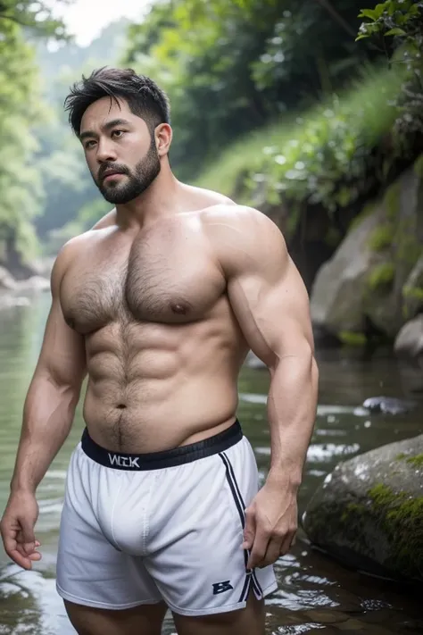 Several middle-aged men are fishing by the creek，Asian people，detailed back ground，Strong body，bellyfat，30-year-old middle-aged man，uncle, China，male people，he is about 30 years old，Rough and handsome looks，musculature，Oversized muscles，Oversized pectoral ...