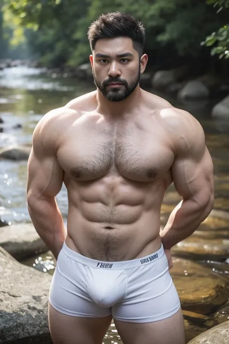 Several middle-aged men are fishing by the creek，Asian people，detailed back ground，Strong body，bellyfat，30-year-old middle-aged man，uncle, China，male people，he is about 30 years old，Rough and handsome looks，musculature，Oversized muscles，Oversized pectoral ...