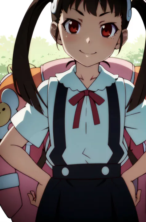 hachikuji mayoi, backpack, highres, absurdres, standing, hands on hips, looking at viewer, smile,  anime,