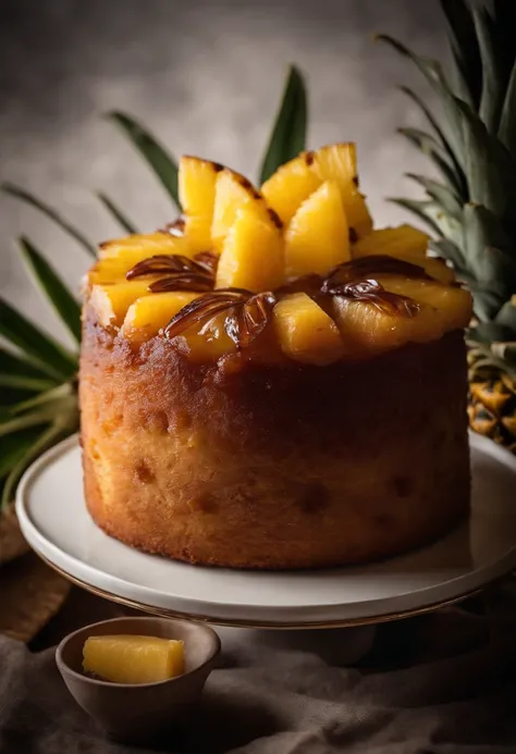 A high-resolution image of a pineapple upside-down cake, with caramelized pineapple slices on top of a moist and fluffy cake, creating a visually tempting and indulgent dessert display.