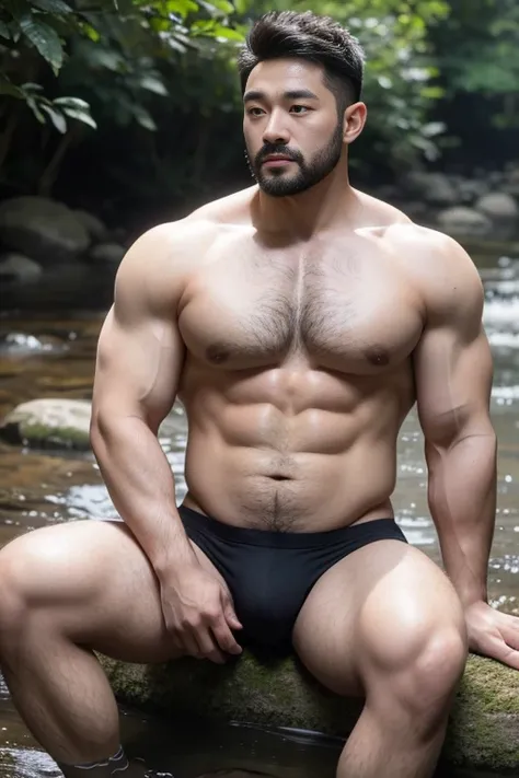 Several middle-aged men are fishing by the creek，Asian people，detailed back ground，Strong body，bellyfat，30-year-old middle-aged man，uncle, China，male people，he is about 30 years old，Rough and handsome looks，musculature，Oversized muscles，Oversized pectoral ...