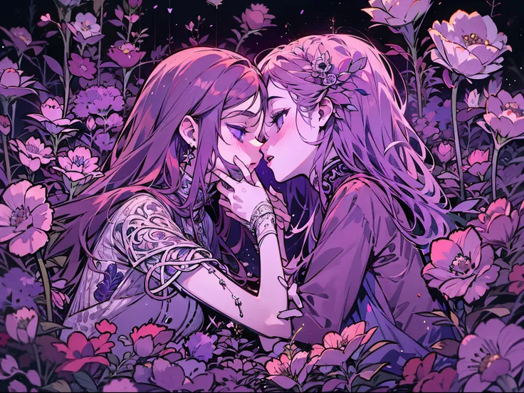 Two girls, one dead surrounded by flowers, the other kissing a corpse, eerie images, purple night, Poitiers, particles, very intricate details, animated images, live filming.