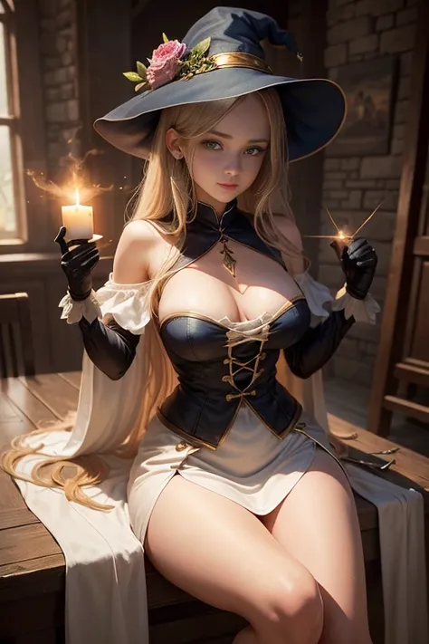 Beautiful young witch girl sitting at the table, The perfect female face of the goddess, large breasts, slender long legs, a girl in a white dress, Деталь 8k, photo realistic style, sharp-focus, Professional lighting, colorful details, The painting is buil...