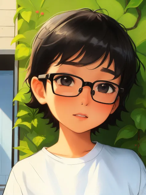 A cute little boy, wearing a white tshirt, background is wall with hanging some plants, anime, painting style image, short hair, cartoon style pic, short black hair, black eyes, two bow on hair , wearing glasses