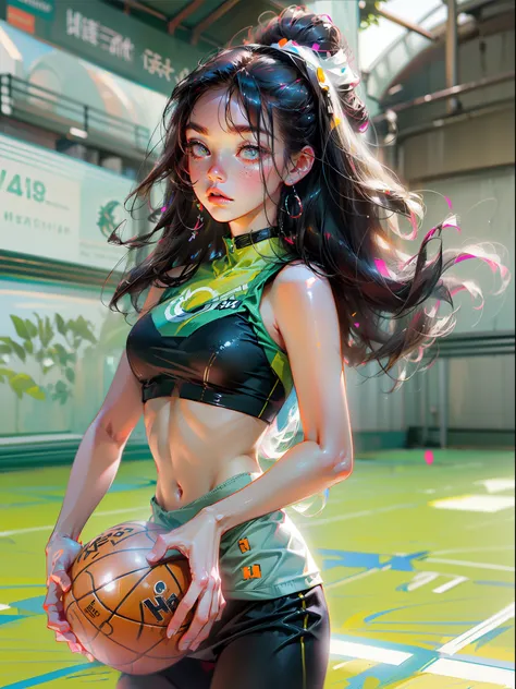 (8k, best quality, masterpiece:1.2), (realistic, photo-realistic:1.37), ultra-detailed,best quality, ultra high res, professional lighting, photon mapping, radiosity, physically-based rendering, cinematic lighting, basketball court,depth of field, sharp fo...