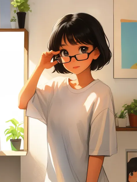 A cute little girl, wearing a white tshirt, background is wall with hanging some plants, anime, painting style image, short hair, cartoon style pic, short black hair, black eyes, two bow on hair , wearing glasses, clicking mirror selfie