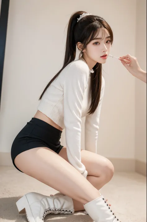 1girl, 175cm,korean kpop idol and model, 22 years old,soft body, close-up, 8k, RAW photo, best quality, masterpiece,realistic, photo-realistic,seductive,cute,A beautiful woman in a oversized tight skirt, short pants,tall white boots，Liuhai hairstyle,ponyta...