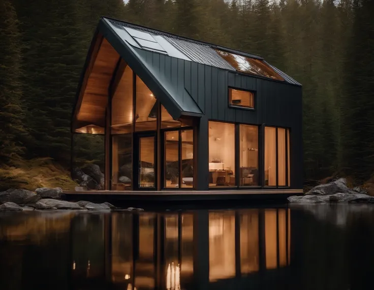 Exterior view of a tiny house in a Scandinavian nature, standing wood panel, panorama glass windows, forests, waterfall inside atrium, rocks, natural pond of water, futuristic, modern, large terrass