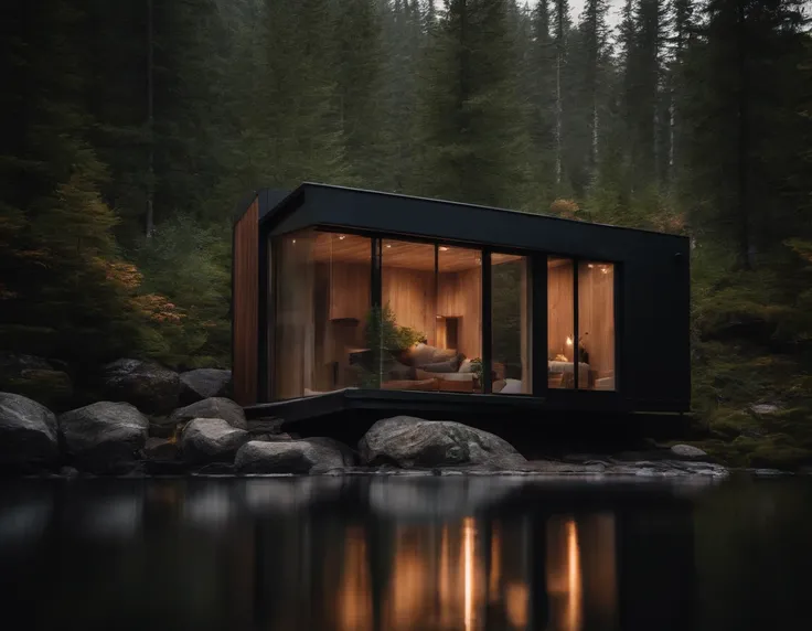 Exterior view of a tiny house in a Scandinavian nature, standing wood panel, panorama glass windows, forests, waterfall inside atrium, rocks, natural pond of water, futuristic, modern, large terrass