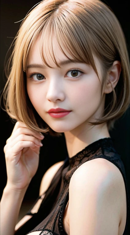 (8K, Raw photo:1.2),Detailed face and eyes,Best Quality, 超A high resolution, Highly detailed ,intricate detailes ,masutepiece ,Cute Girl , Soft cinematic light, Hyper-detailing,Sharp Focus, High quality,a blond, bob cuts, tits out, knit, The mesh is large