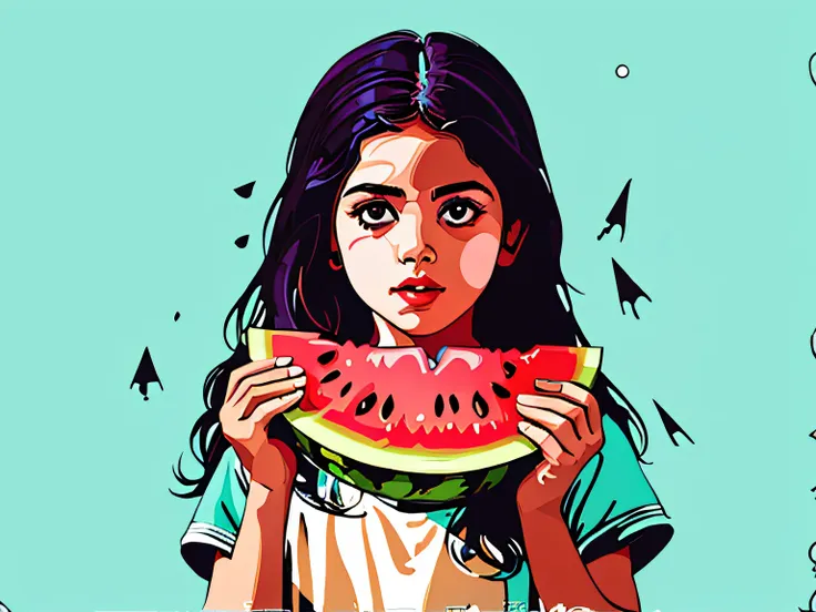 painting of a girl holding a slice of watermelon in front of her face, a beautiful artwork illustration, in style of digital ill...