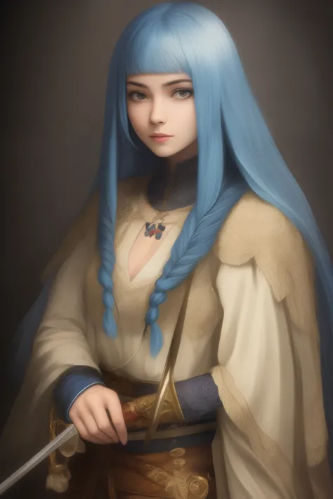 Girl with long blue hair hold a sword