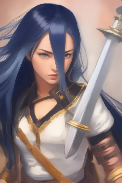 Girl with long blue hair hold a sword